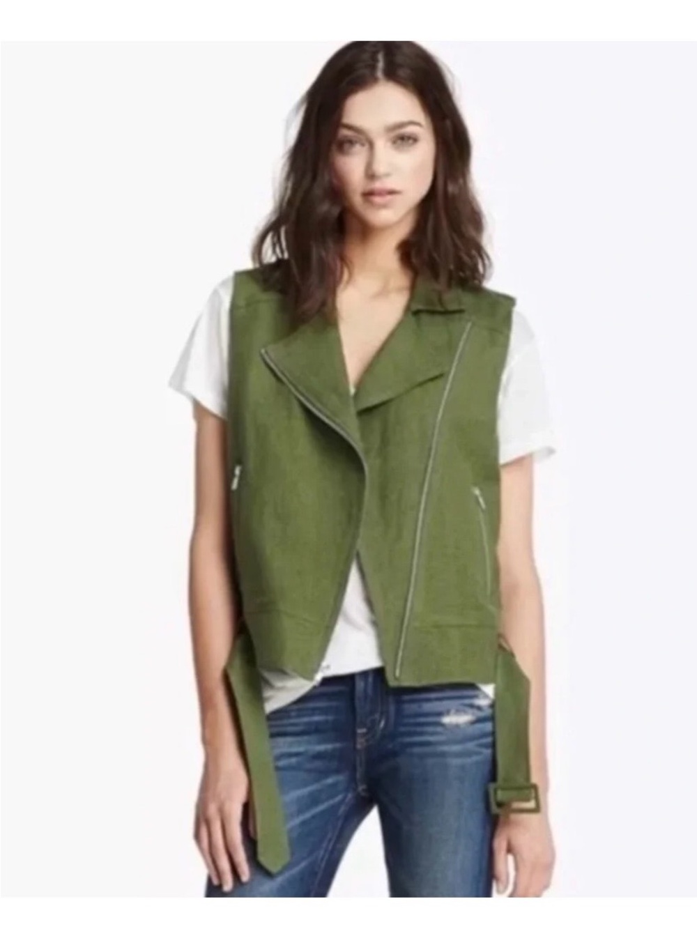 Elizabeth and James Cypress Green Linen Blend Moto Vest Size L NWT